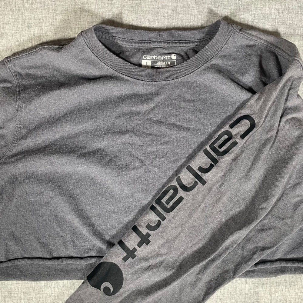 Carhartt Kids Loose Fit Long Sleeve Cropped T-Shirt Gray Logo Size L 12-14